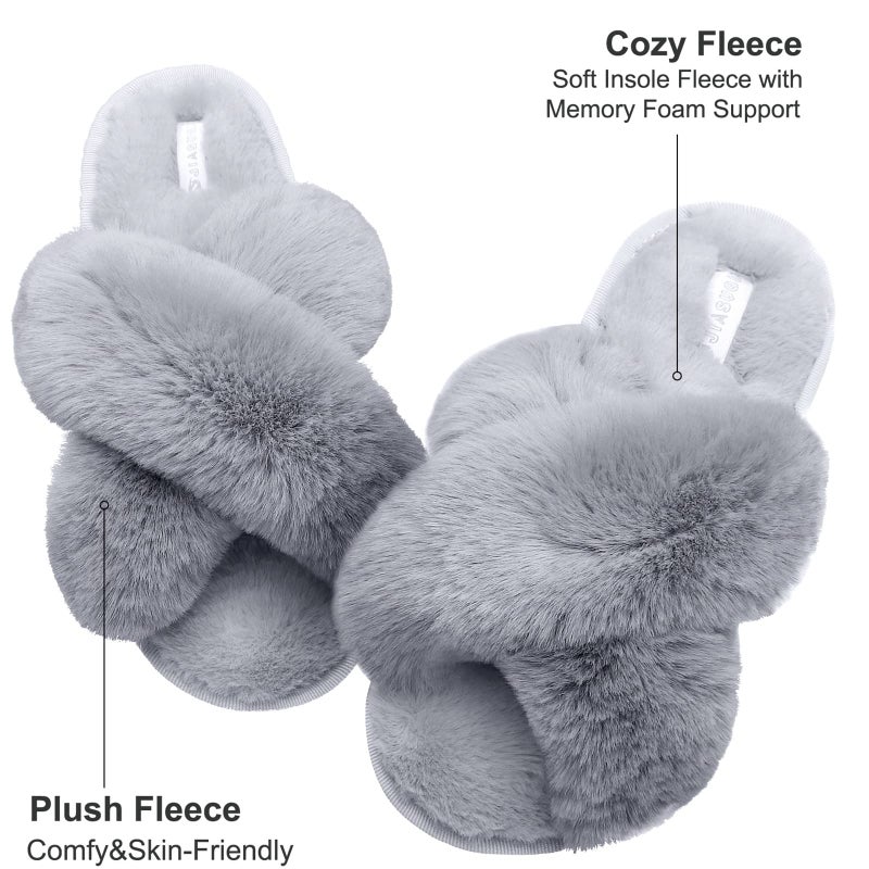 JIASUQI Women's Cross Band Fuzzy House Slippers Soft Plush Furry Faux Fur House Indoor Outdoor Slippers for Women Grey 8-9 - Image 2
